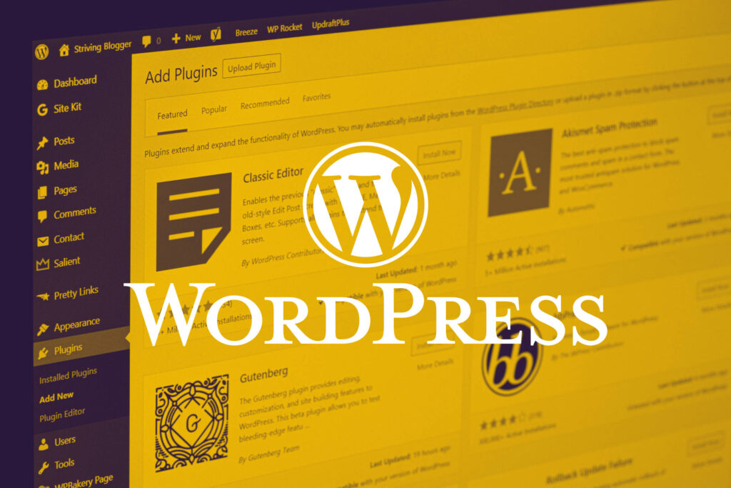 WordPress-logo, jonka taustalla WordPressin hallintapaneeli
